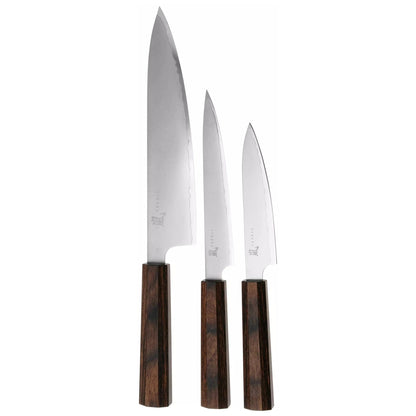 Zestaw 3 japońskich noży kuchennych Hana: szefa kuchni, uniwersalny, santoku mały widok główny