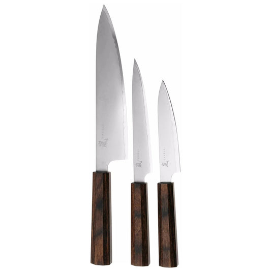 Zestaw 3 japońskich noży kuchennych Hana: szefa kuchni, uniwersalny, santoku mały widok główny